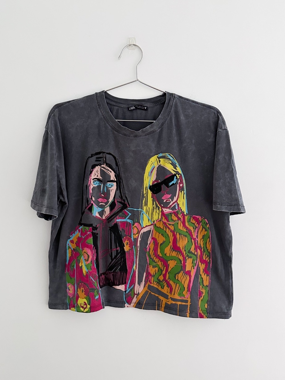 Zara Washed Charcoal Fashion Girl Graphic Boxy Cropped Tee Size S